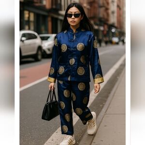 Le Rêve 100% Silk Chinese Vintage 2-Piece Set Jacket & Pants Blue Gold XL